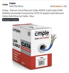 Cmple Cat6 Plenum Rated Ethernet Cable 1000ft Blue Utp 23awg Rj-45 Bulk. Fixed Price $55.00.