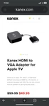 Kanex Hdmi To Vga Adapter For Apple Tv Mirroring Roku Projector. Fixed Price $14.06.