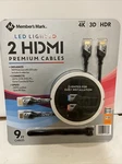 Member's Mark 9ft Led Lighted Hdmi Premium Cables, 2 Pack. Fixed Price $14.49.